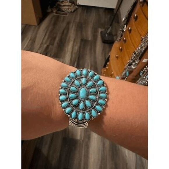 Western Squash Blossom Flower Turquoise Silver Bracelet - Picture 2 of 3